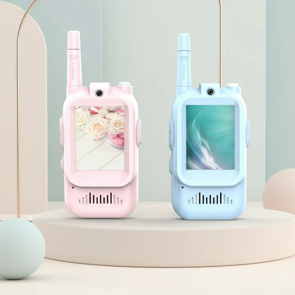 Pink and blue video intercom devices with screens, cameras, antennas, and front speakers