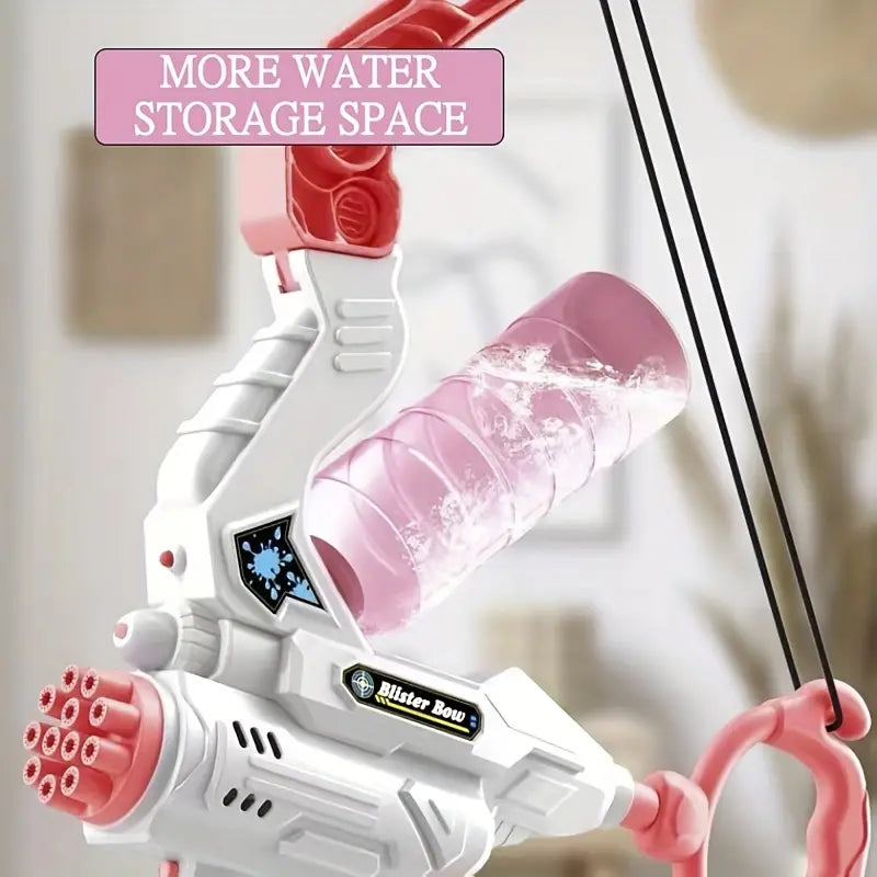 Close-up of the pink-and-white bow toy with its mounted water container