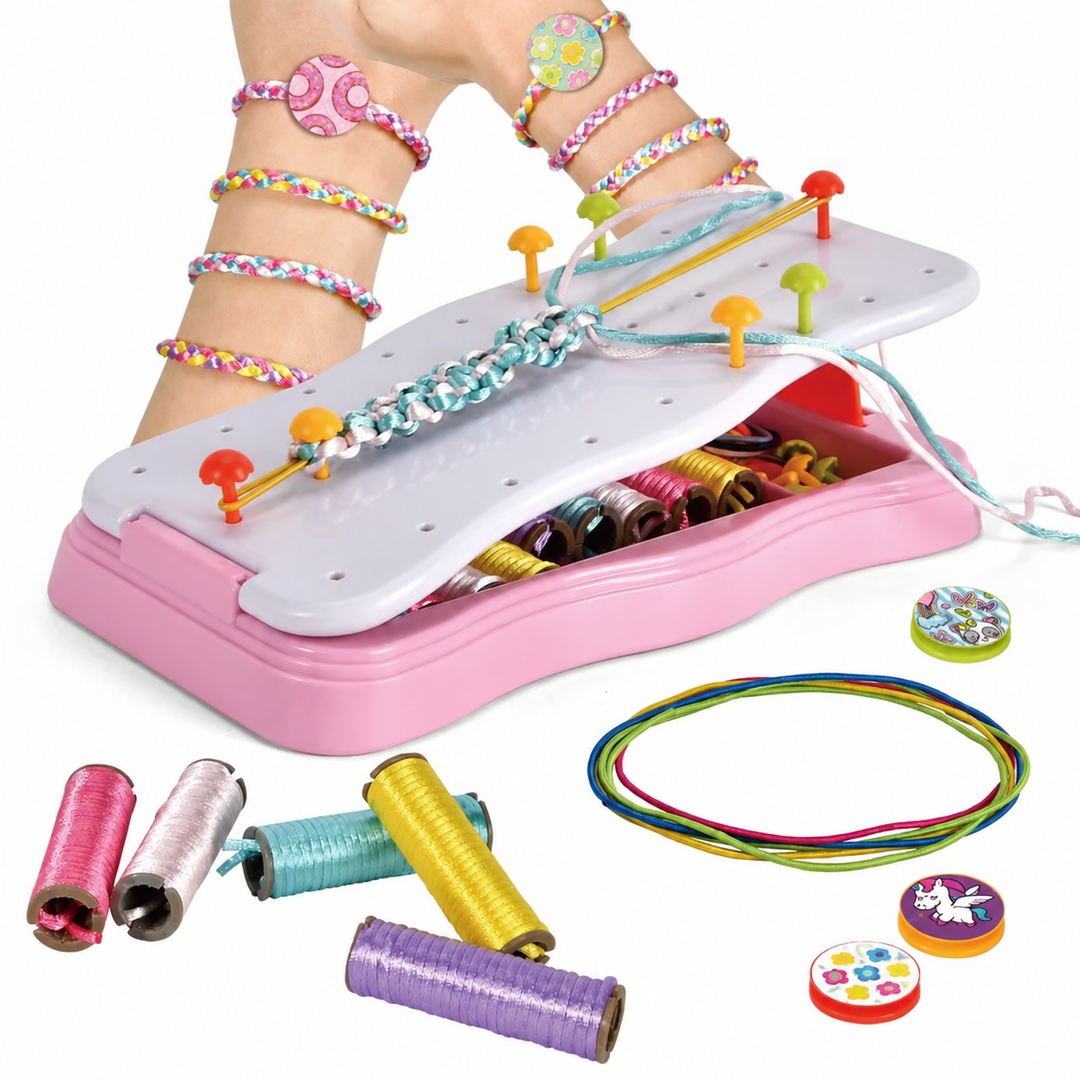 Pink braiding frame with cord spools and a wrist wearing colorful bracelets