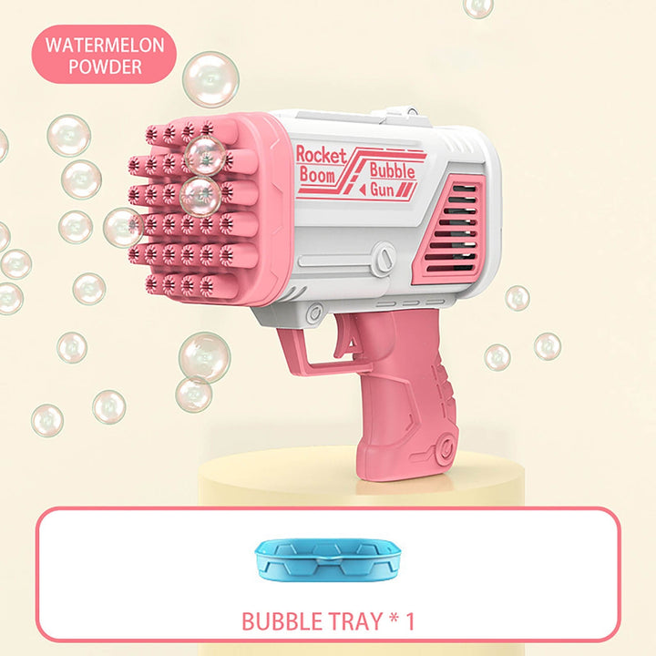 Pink bubble gun pictured with the included soap bubble tray