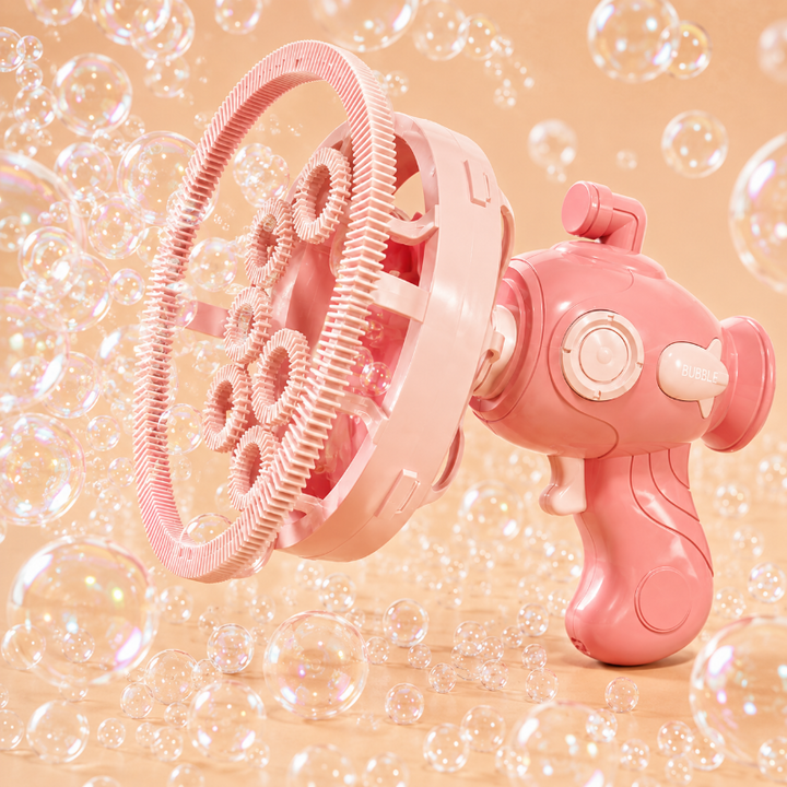 Pink bubble gun with a large circular nozzle head surrounded by bubbles
