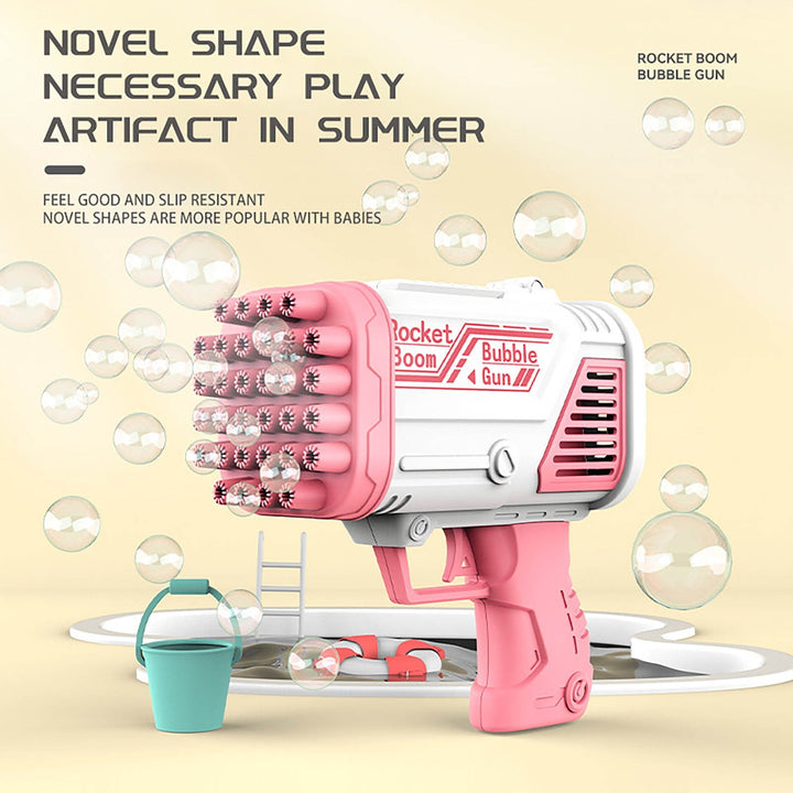 Pink and white bubble gun surrounded by bubbles in a poolside illustration