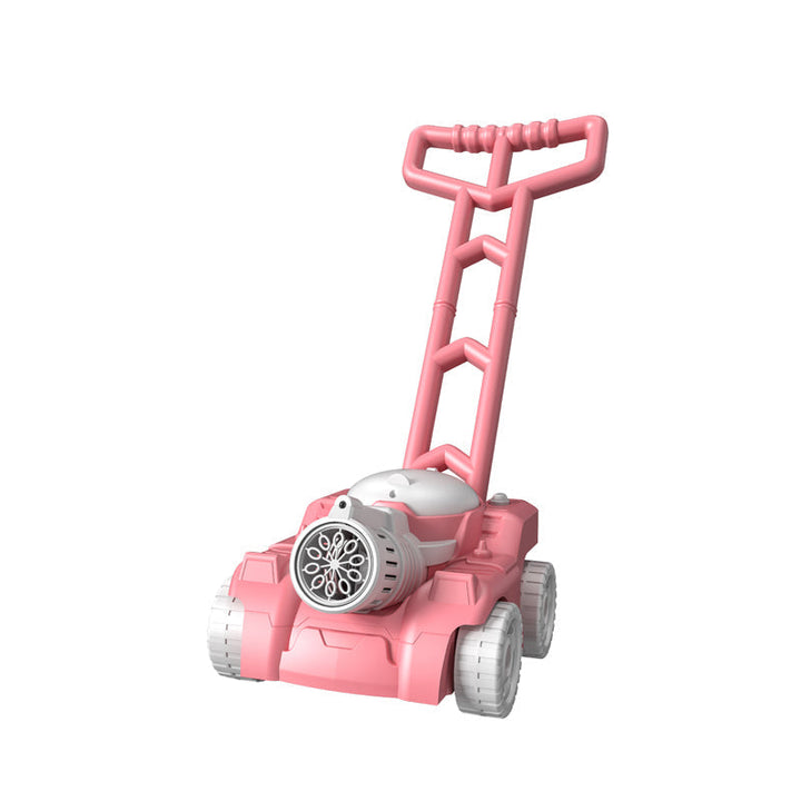 Pink bubble lawn mower with white wheels and a tall push handle