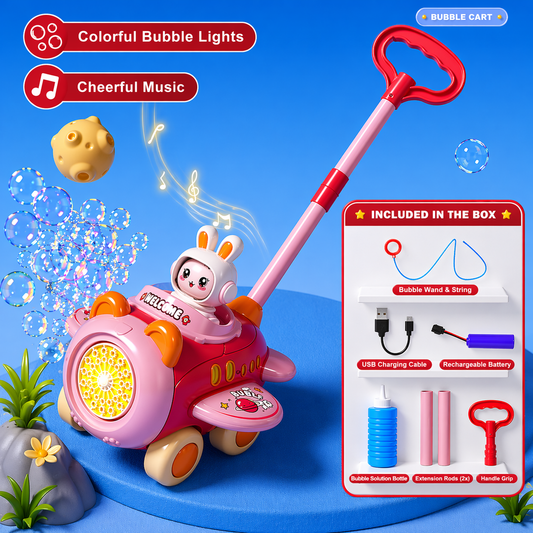 Pink airplane-style bubble push cart with a bunny character and a box-contents inset.