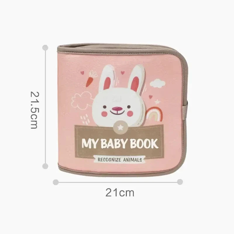 Pink animal busy book with bunny cover, shown measuring 21.5 cm tall and 21 cm wide
