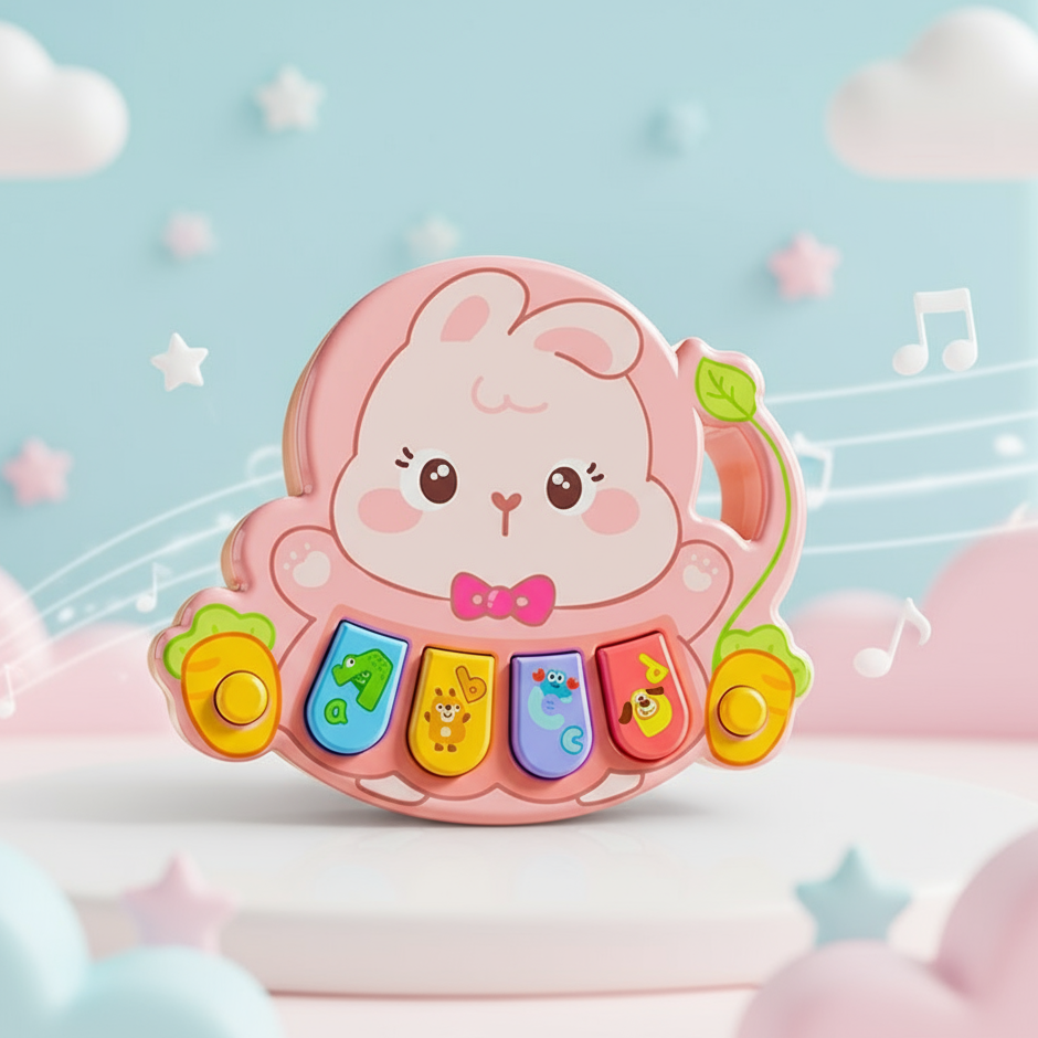 Pink bunny animal piano with colorful keys and carrot accents
