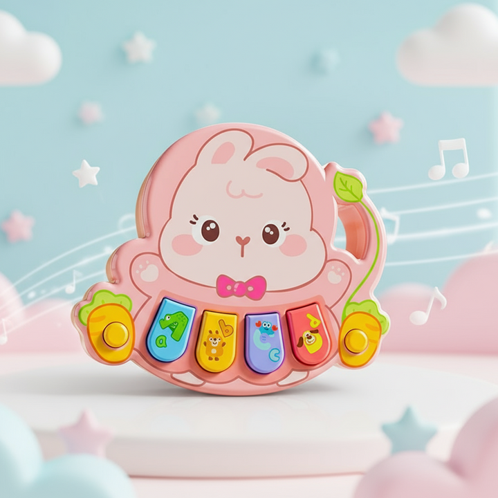 Pink bunny animal piano with colorful keys and carrot accents
