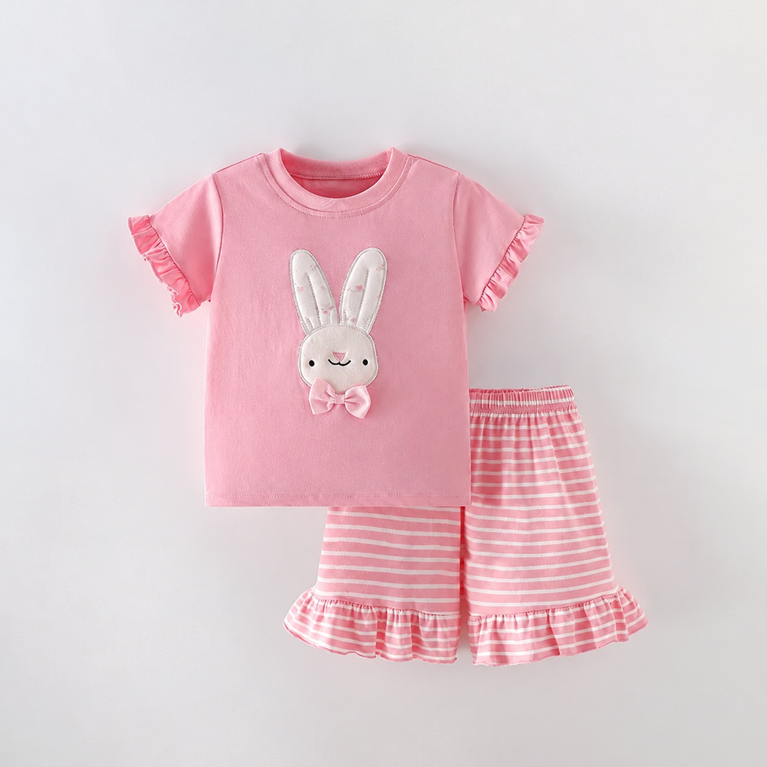 Pink bunny top with ruffled sleeves and pink striped ruffle-hem shorts