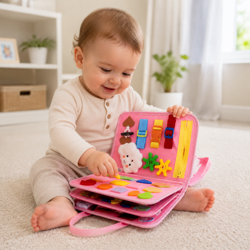 Child turning the pink busy board's felt activity pages on a rug.