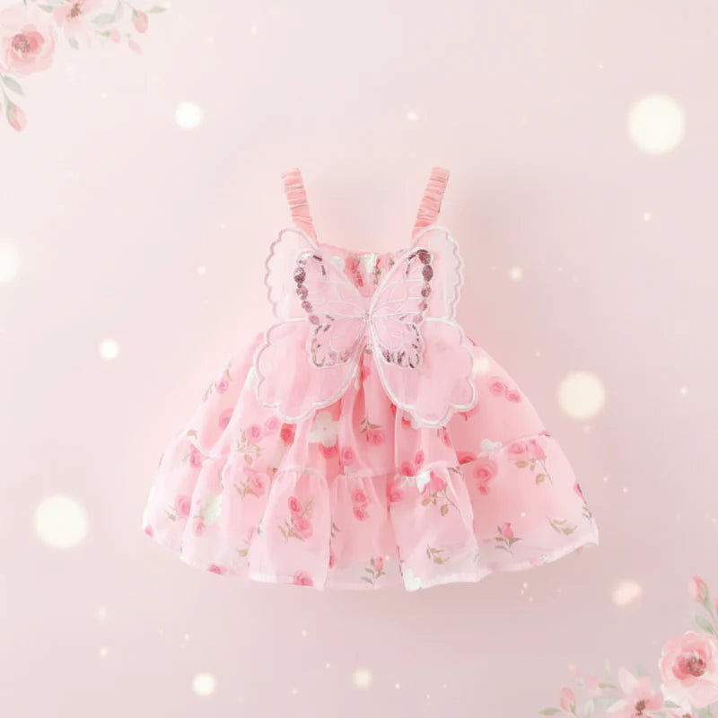 Pink floral baby dress with butterfly wings and a tiered skirt