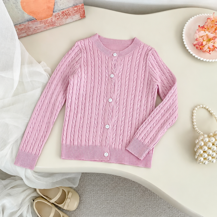 Pink cable-knit cardigan with front buttons and ribbed cuffs and hem