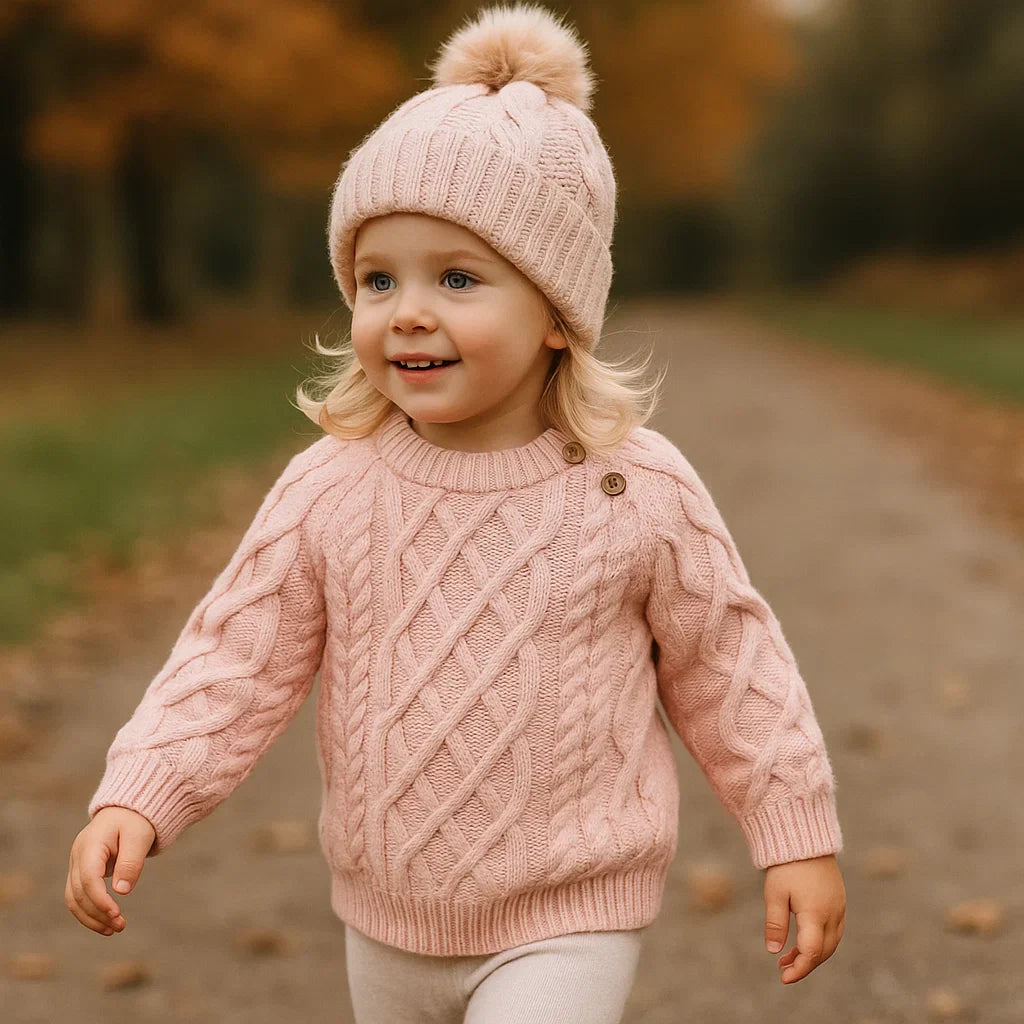 Child wearing a pink cable-knit sweater with shoulder buttons outdoors.