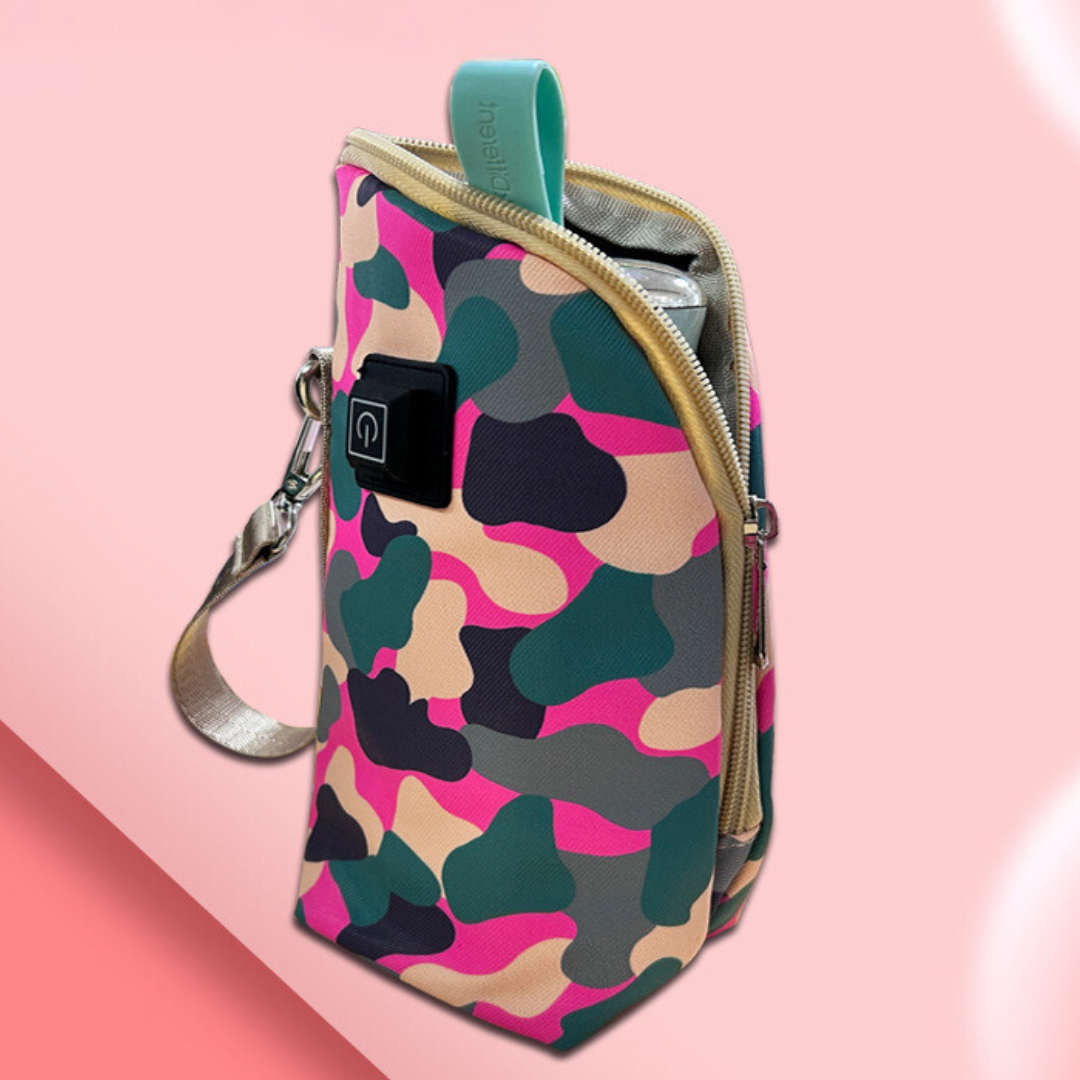 Pink camouflage zippered bottle warmer with front control and wrist strap.