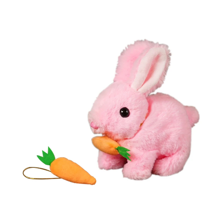 Pink plush rabbit shown with an orange carrot accessory