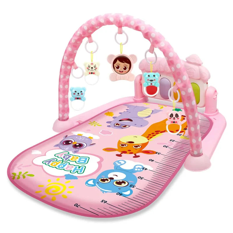 Pink baby gym with a polka-dot arch, hanging toys, and a cartoon animal mat