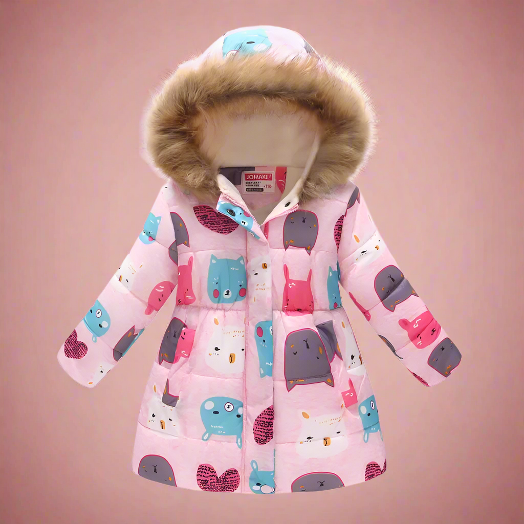 Pink quilted coat with colorful cartoon animals and a fluffy-trimmed hood