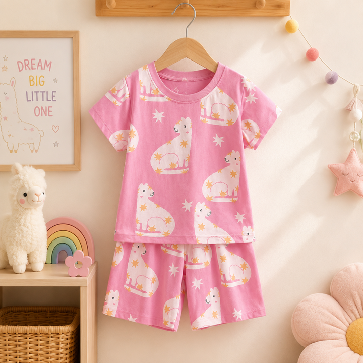Pink cat-and-daisy print T-shirt with matching shorts