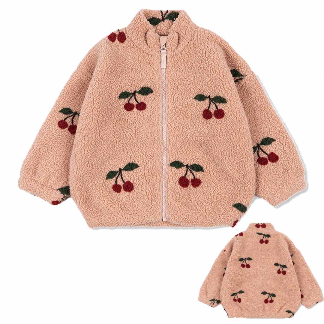 Pink cherry-print zip-up fleece jacket with front and back views