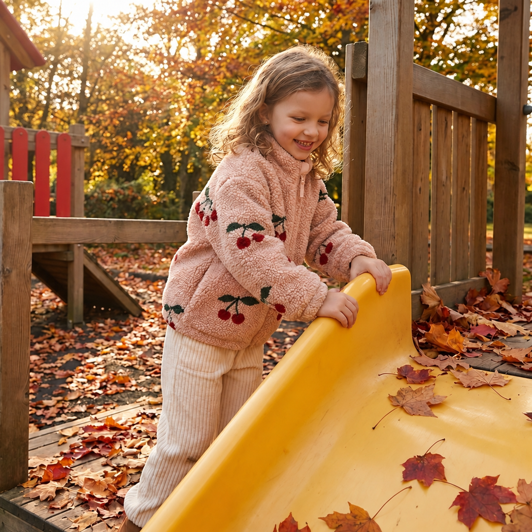 Child wearing a pink cherry-print fleece jacket beside a playground slide in fall