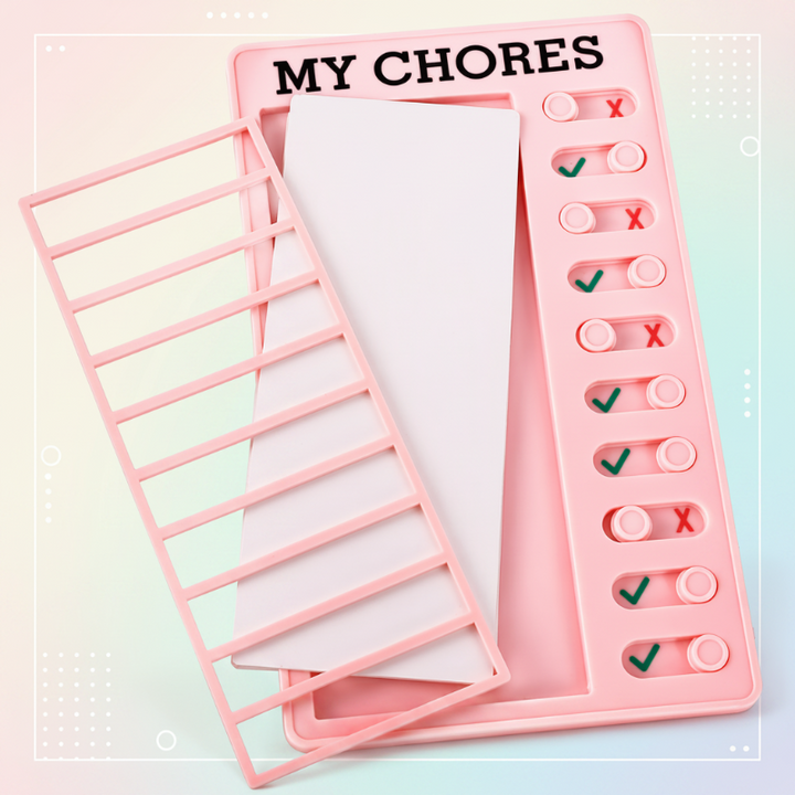Pink chore chart with its removable grid and replaceable task card shown separately.