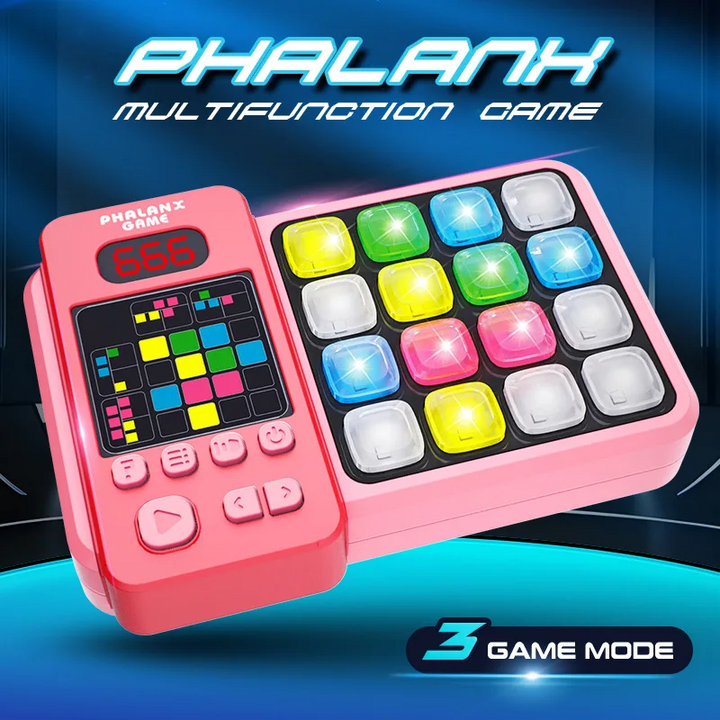 Pink game console color option with a light-up button grid and front controls.
