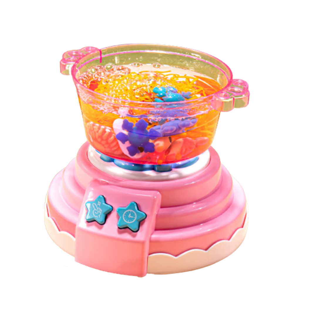 Pink toy cooking pot filled with colorful craft figures on a base with star-shaped controls
