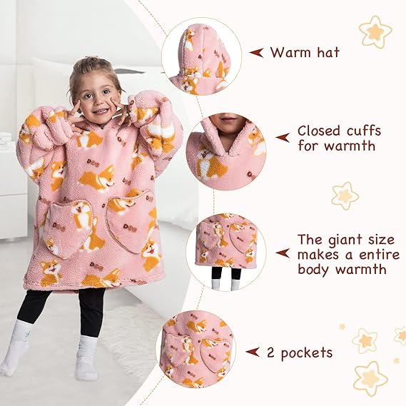 Pink corgi-print hooded blanket showing the hood, cuffs, length, and two front pockets