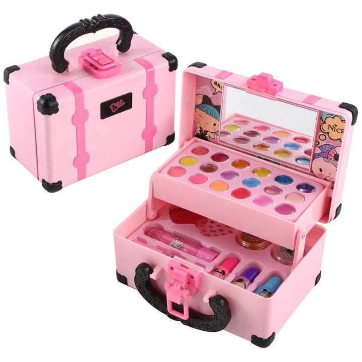 Closed pink makeup case beside an open case displaying eyeshadow shades, a mirror and accessories