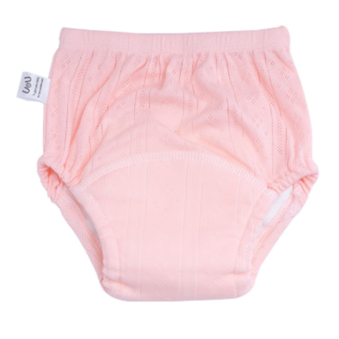 Pink cotton training pants with an elastic waist and shaped absorbent panel.