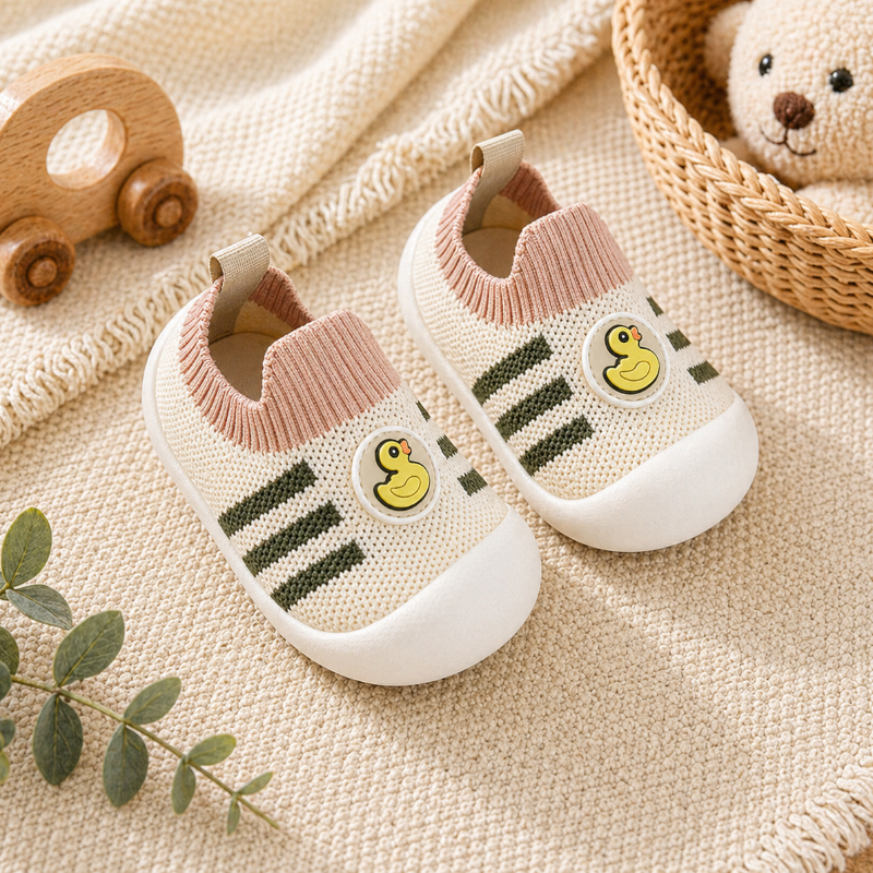 Duck-detail sock shoes with muted stripes, pink cuffs, and white soles.