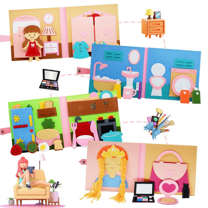Pink activity book pages featuring bedroom, bathroom, kitchen, hair-braiding, and pretend makeup scenes
