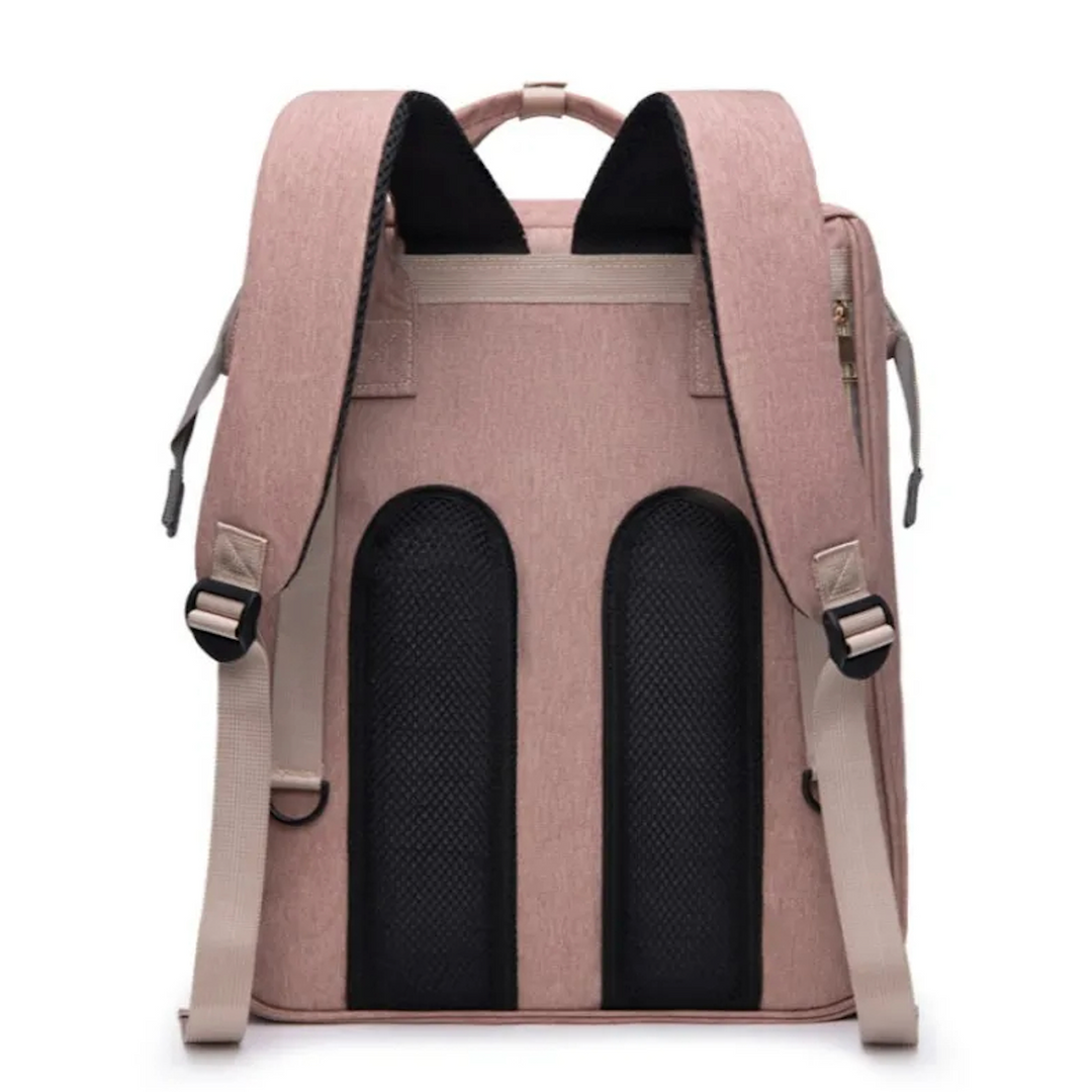 Back of a pink diaper backpack showing adjustable shoulder straps and padded back panels.
