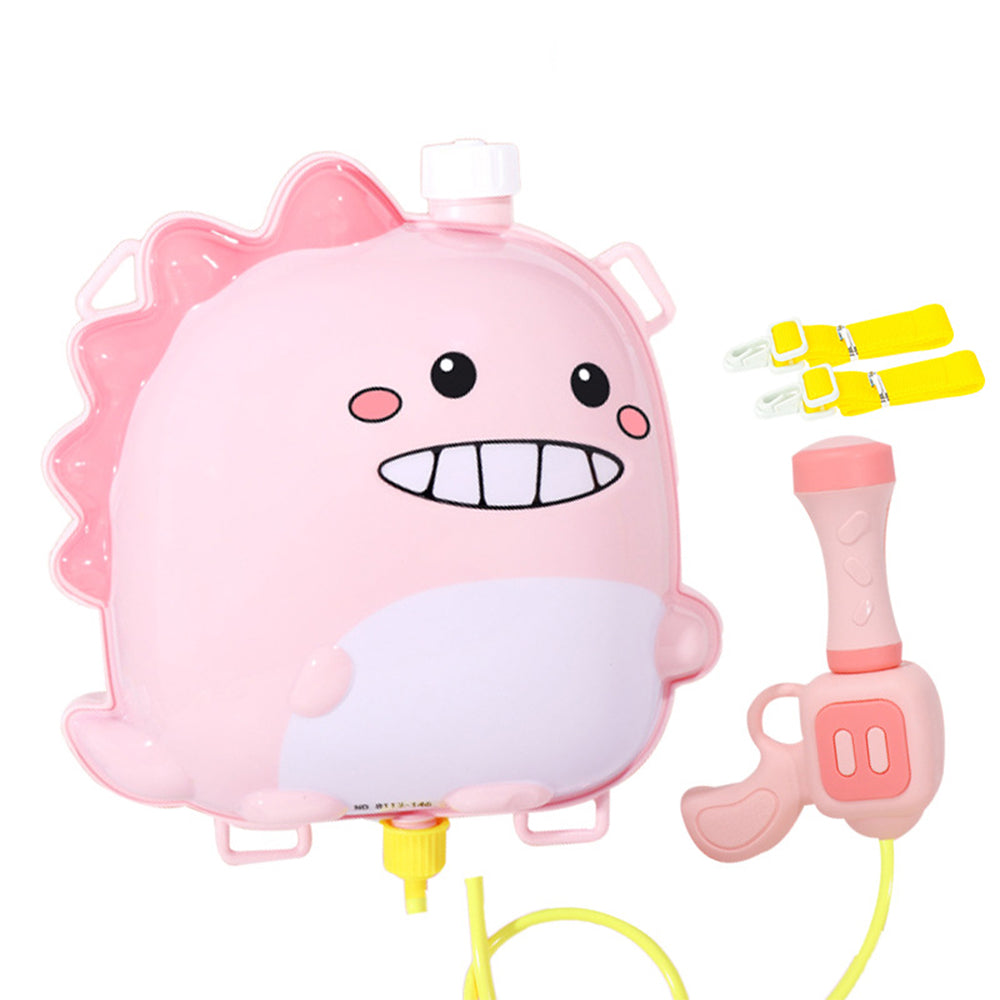 Pink dinosaur backpack water tank with a pink blaster, yellow hose, and shoulder straps