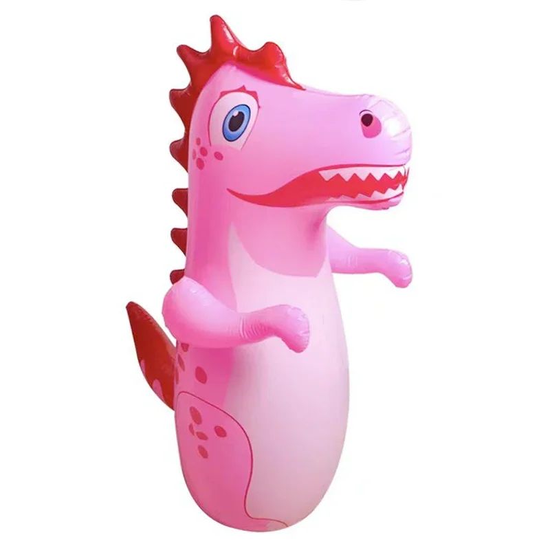 Pink inflatable dinosaur punching bag with a white belly and red back spikes