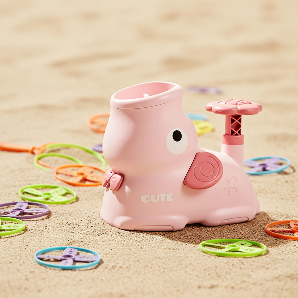 Pink foot-powered disc launcher surrounded by colorful flying discs and catching nets