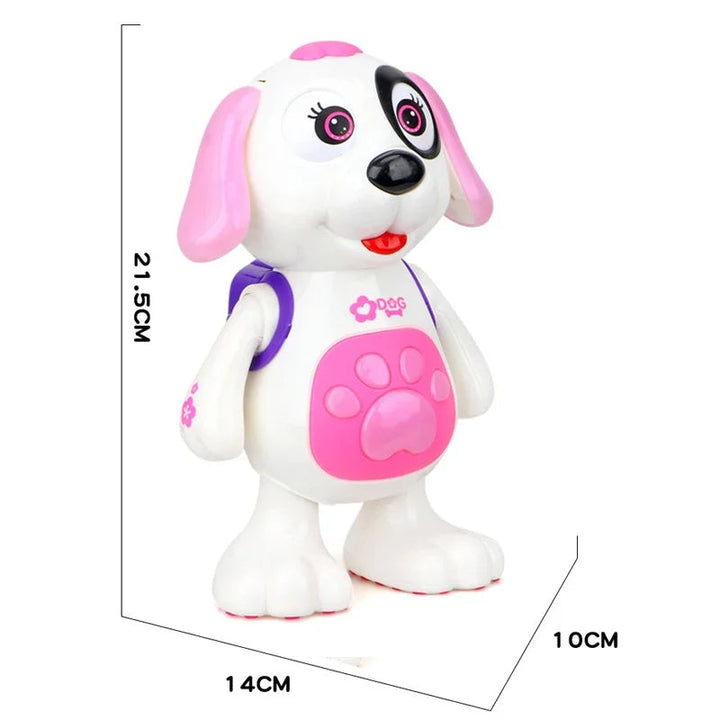 White and pink dancing dog toy with height, width, and depth measurements