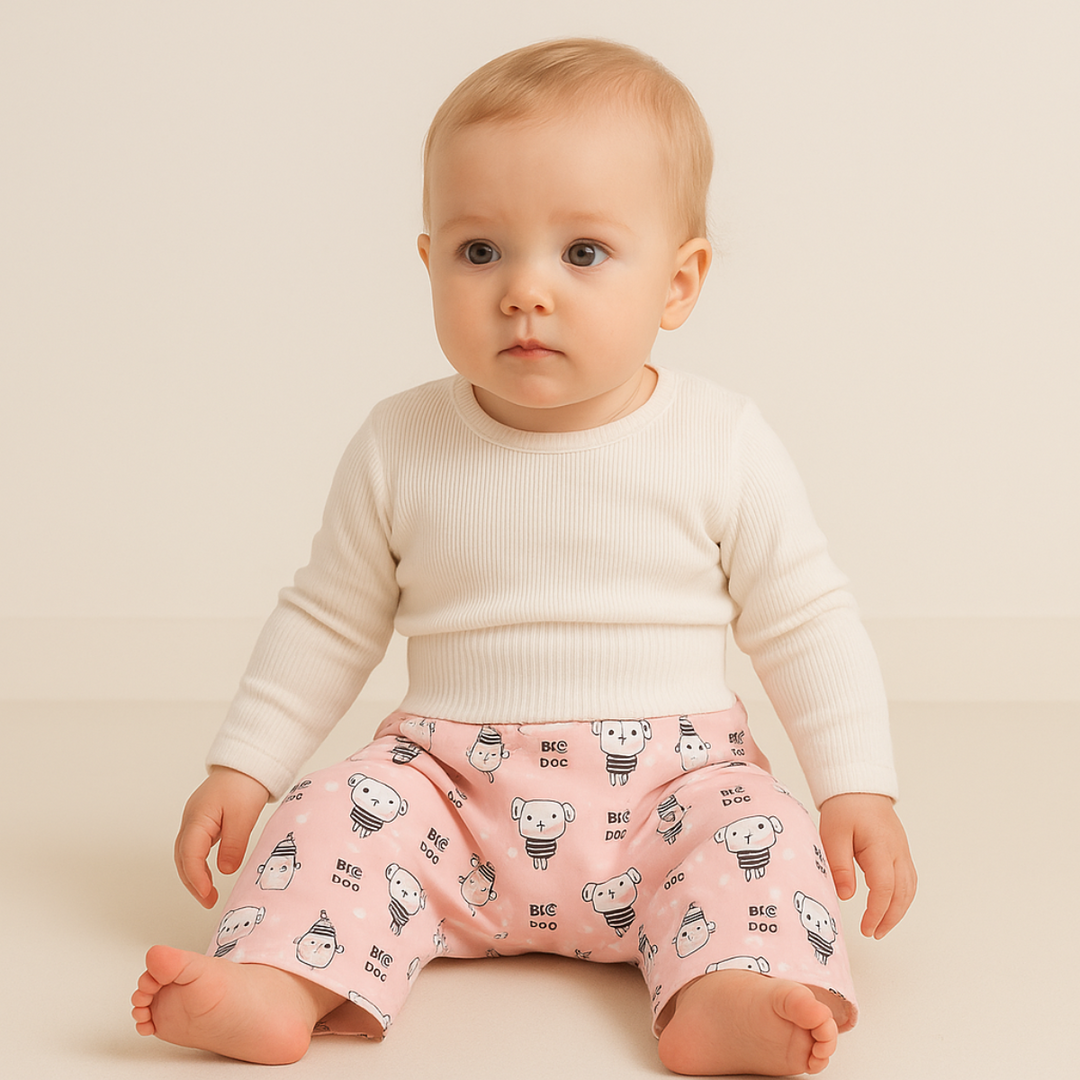 Seated child wearing pink dog-print training pants and a cream top