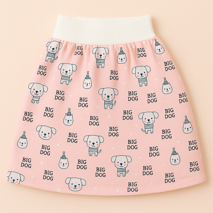 Pink dog-print training skirt laid flat with a wide white ribbed waistband