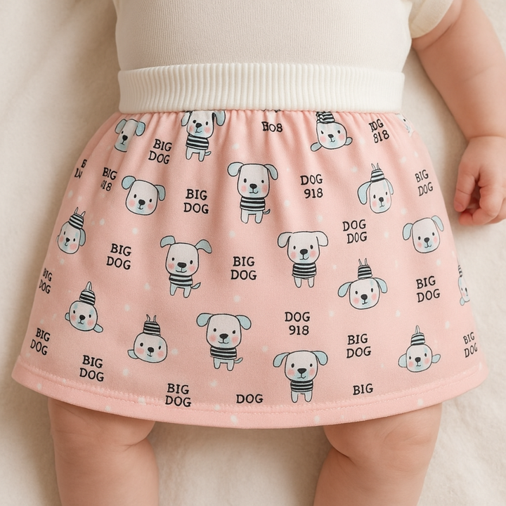 Close-up of a pink dog-print training skirt worn with a white ribbed waistband