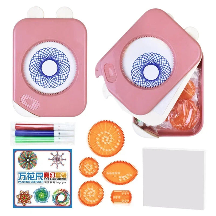 Pink drawing case shown open and closed with orange gears, pens, paper, and an illustrated guide