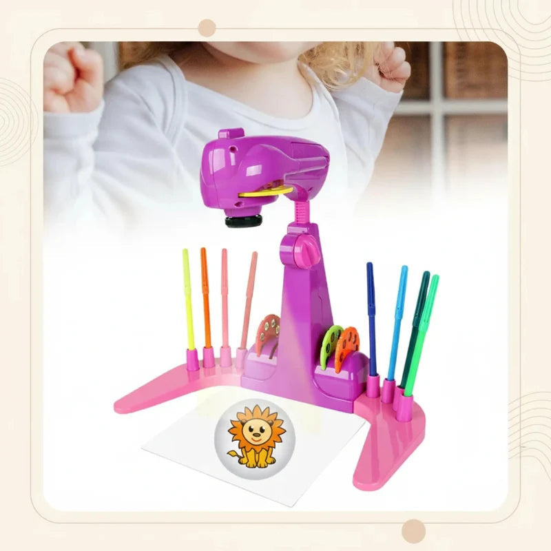 Pink drawing projector displaying a lion picture on white paper.