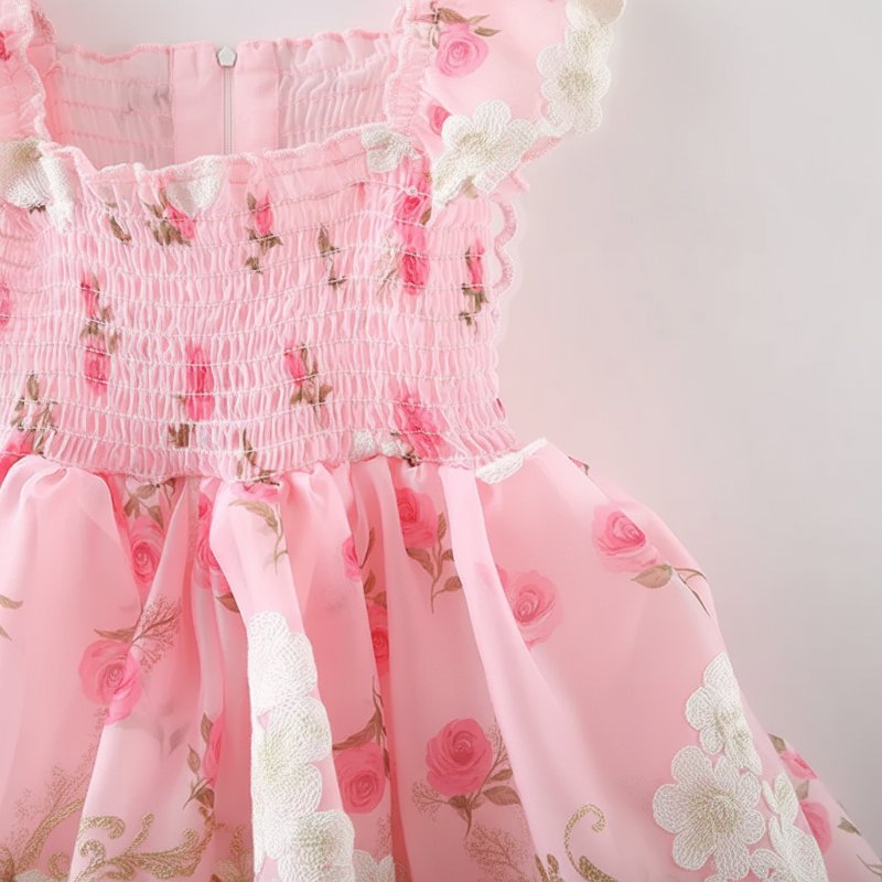 Close-up of the pink floral dress&