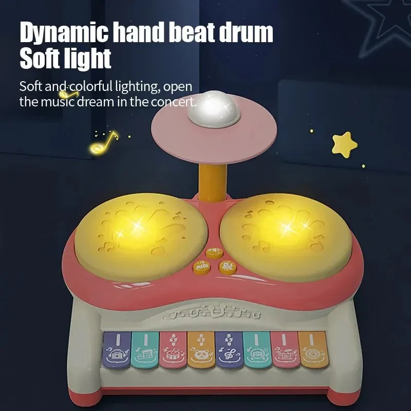 Pink drum toy with illuminated yellow drum pads and colorful keyboard keys