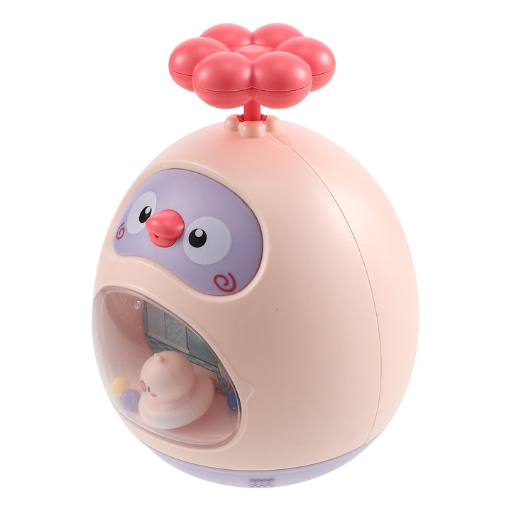 Angled view of the pink duck-shaped bath toy showing its rounded body and clear front window