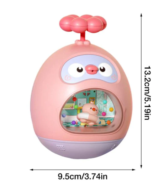 Pink duck-shaped bath toy with measurements of 13.2 cm high and 9.5 cm wide