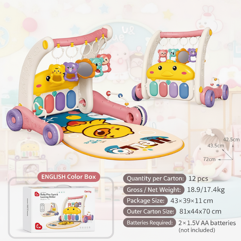 Pink and white duck piano gym and walker with a duck mat, measurements, and packaging details