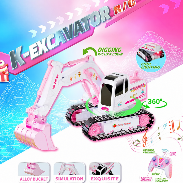 Pink RC excavator feature graphic showing digging movement, rotation, lights, and remote controls.