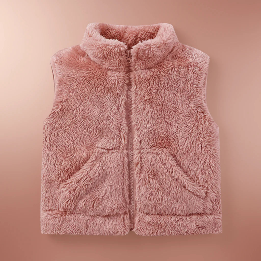Pink fleece vest with a zip front, raised collar, and two front pockets