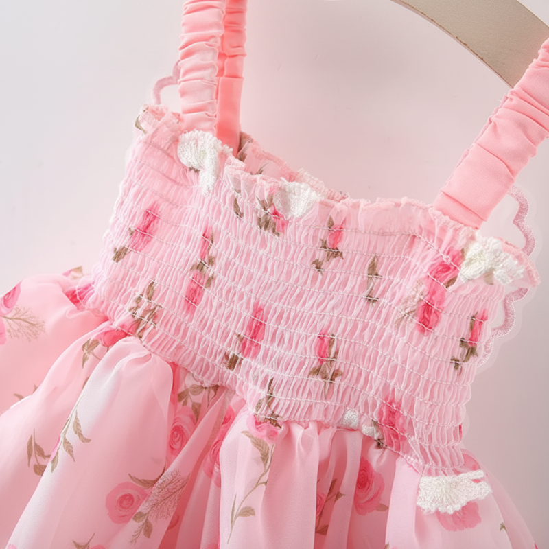 Gathered shoulder straps and a smocked bodice on the pink floral baby dress