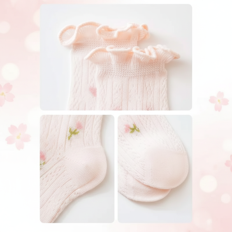 Close-up views of a pink floral sock&